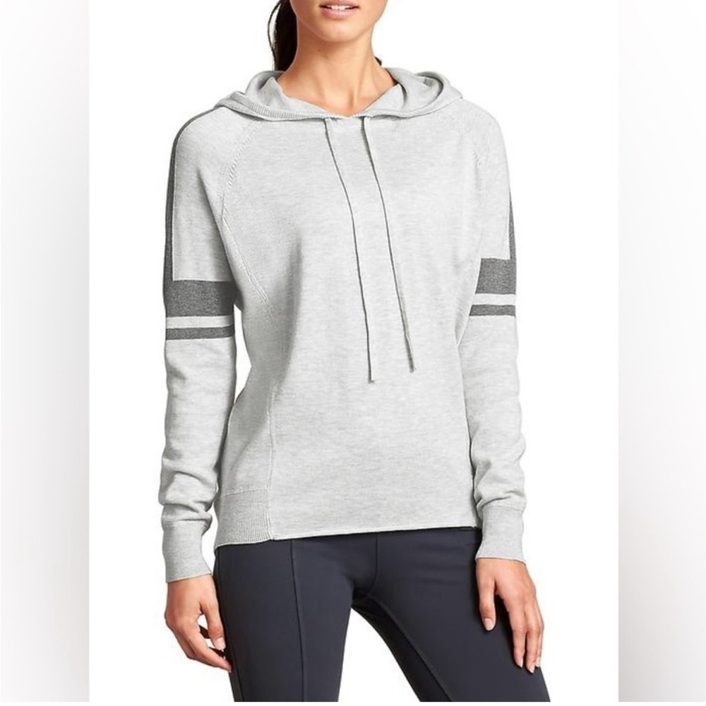 Athleta Rally Varsity Sweater Hoodie Cotton Blend, Knit Rolled Hem, Grey, Large